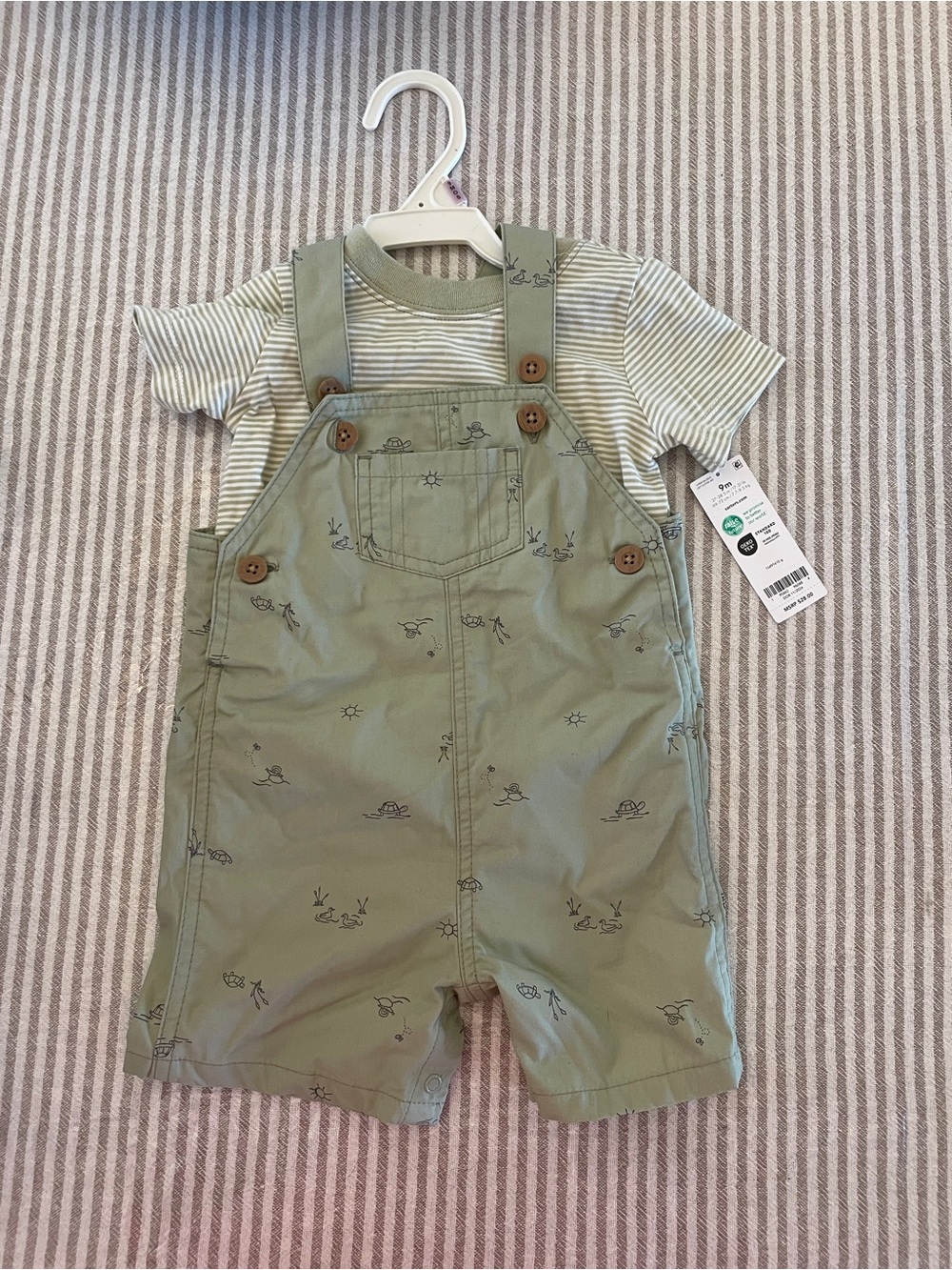 Carter's Olive Green Short Overalls with Striped Tee